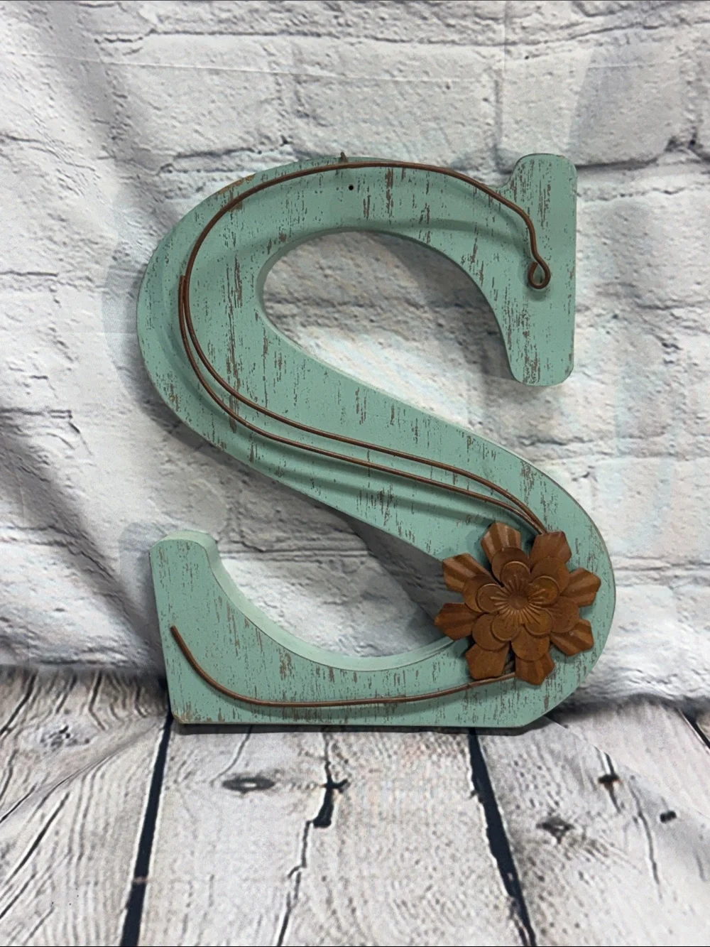 Mint Wooden Letter 'S' Wall Accent with Brown Flower